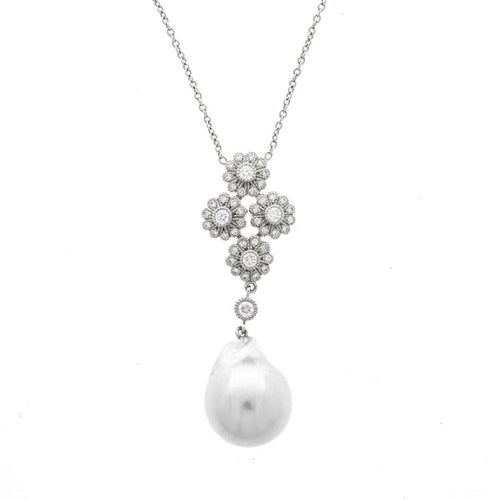 Estate Jewelry - 18K White Gold Floral Diamond and Pearl Pendant Necklace | Manfredi Jewels