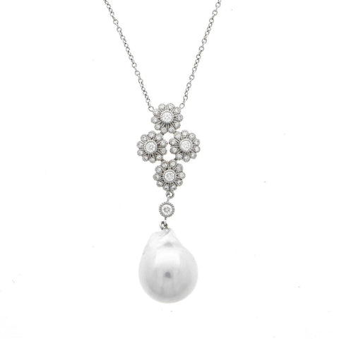 18K White Gold Floral Diamond and Pearl Pendant Necklace