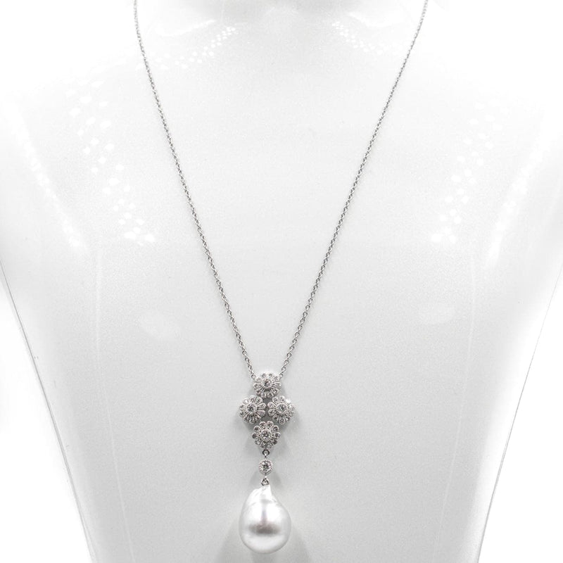 Estate Jewelry - 18K White Gold Floral Diamond and Pearl Pendant Necklace | Manfredi Jewels