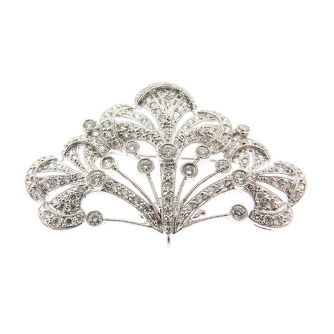 18K White Gold Open Filigree Diamond Brooch