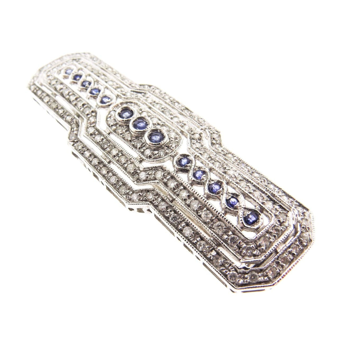 Estate Jewelry Estate Jewelry - 18K White Gold Sapphire & Diamond Bar Brooch | Manfredi Jewels