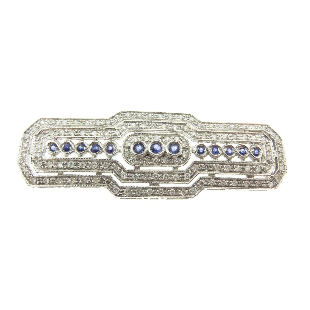 Estate Jewelry Estate Jewelry - 18K White Gold Sapphire & Diamond Bar Brooch | Manfredi Jewels
