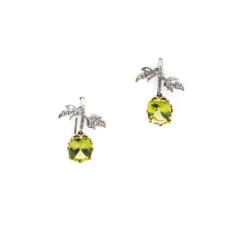 18K Yellow and White Gold Peidot Pavè Diamond Leaf Earrings