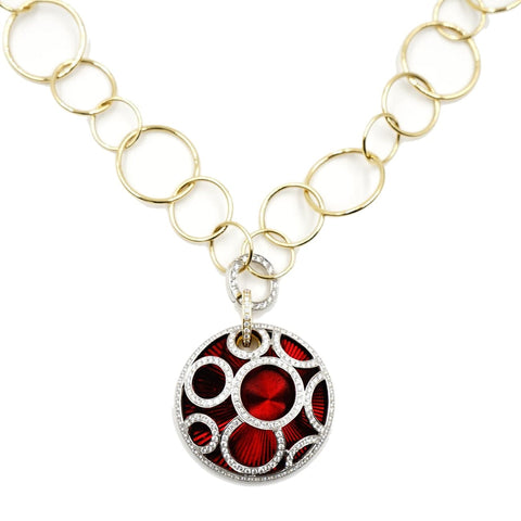 18K Yellow and White Gold Red Enamel and Pavè Diamond Pendant Necklace