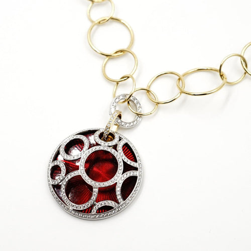 Estate Jewelry Estate Jewelry - 18K Yellow and White Gold Red Enamel and Pavè Diamond Pendant Necklace | Manfredi Jewels