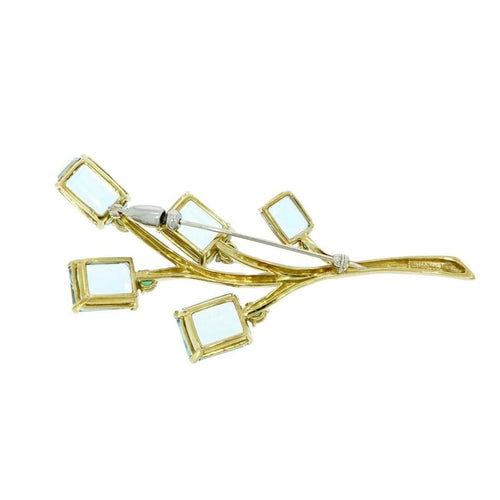 Estate Jewelry - 18K Yellow Gold Blue Topaz & Emeralds Brooch | Manfredi Jewels