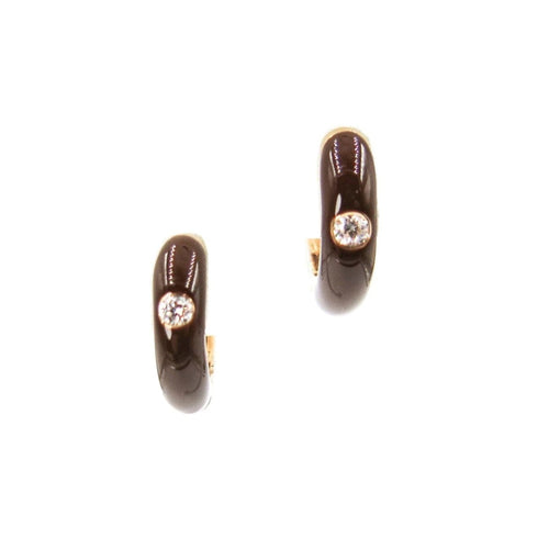 Estate Jewelry - 18K Yellow Gold Chocolate Brown Enamel Diamond Hoop Earrings | Manfredi Jewels
