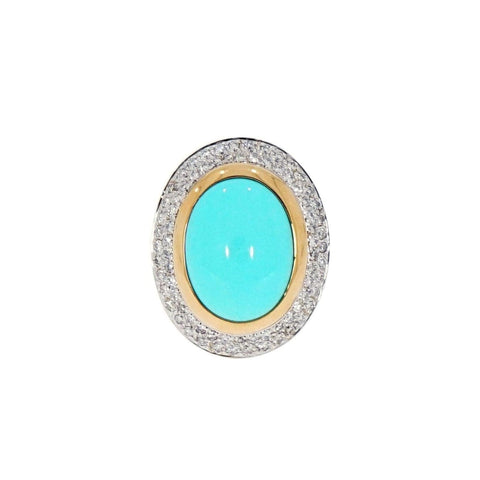 18K Yellow Gold Oval Cabochon Turquoise and Diamond Cocktail Ring