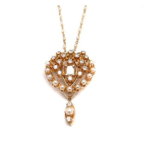 Cultured Pearls & Diamond Yellow Gold Victorian Brooch/Pendant