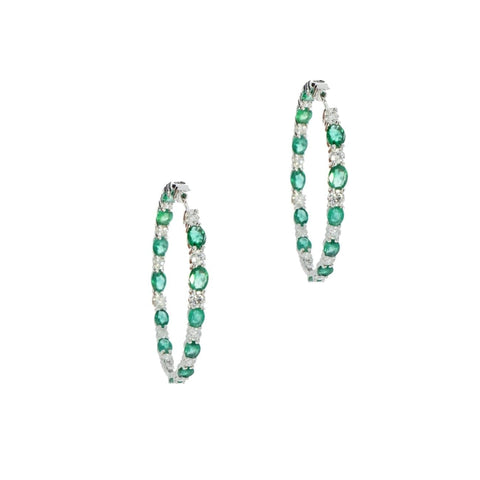 Emerald and Diamond White Gold In/Out Hoop Earrings