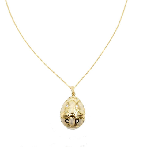 Faberge 18k Yellow Gold White Enamel Diamond Egg Pendant