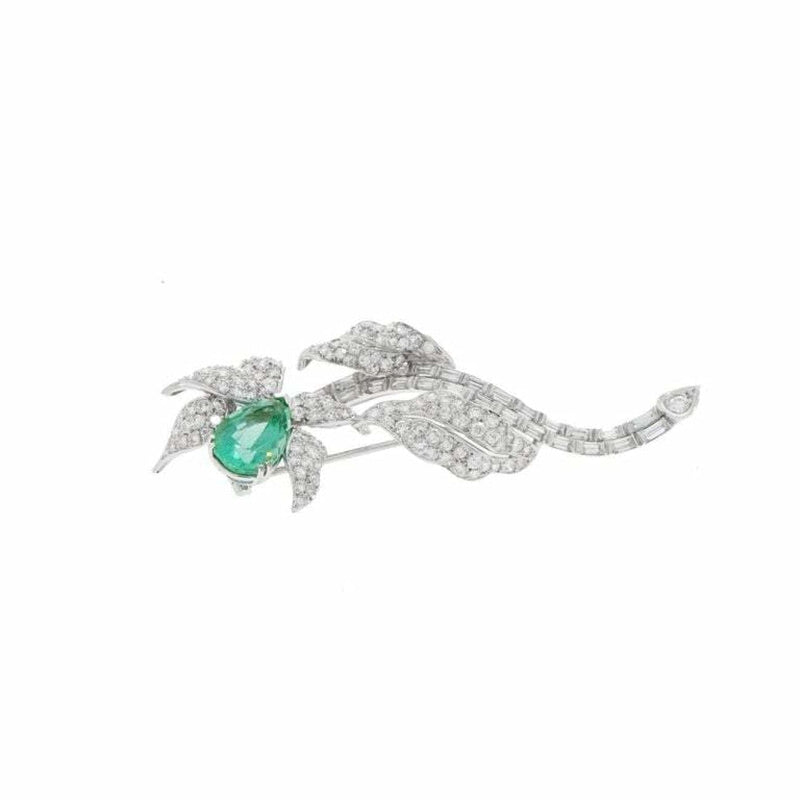 Estate Jewelry - Platinum Beryl and Diamond Flower Brooch | Manfredi Jewels