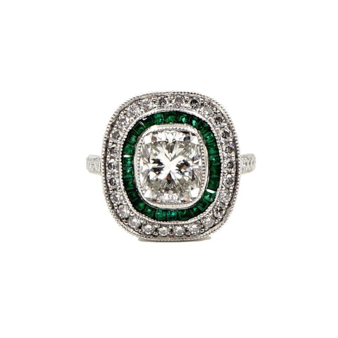 Platinum Diamond and Emerald Bezel Ring