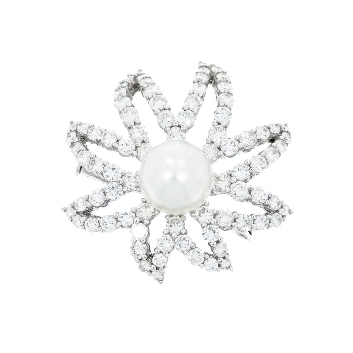 Estate Jewelry Estate Jewelry - Platinum Diamond & Cultured Pearl Floral Brooch | Manfredi Jewels