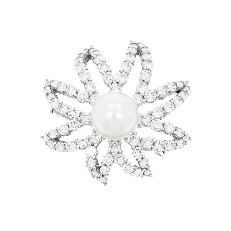 Estate Jewelry Estate Jewelry - Platinum Diamond & Cultured Pearl Floral Brooch | Manfredi Jewels