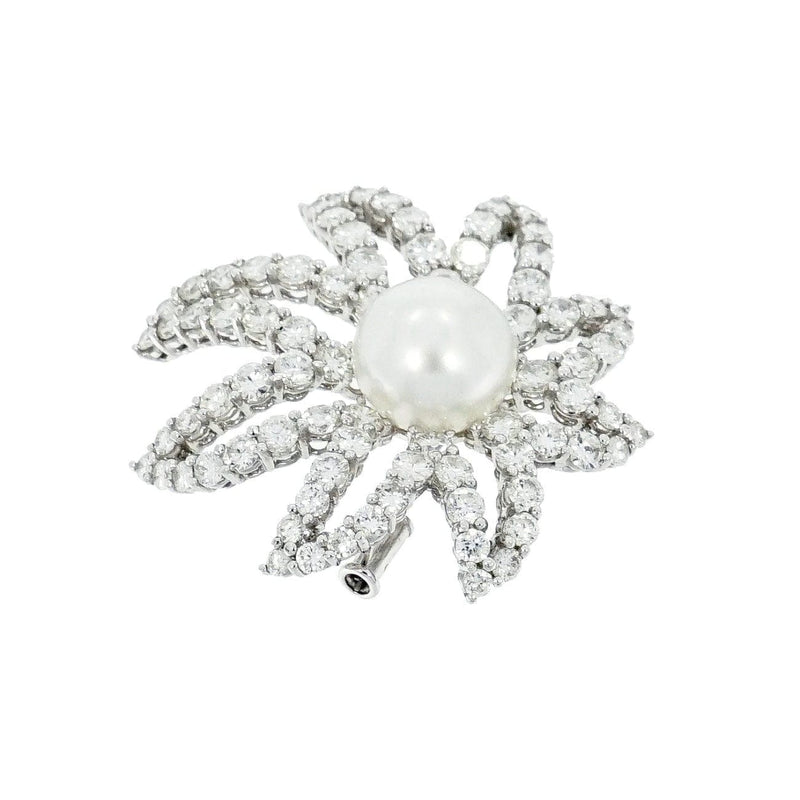 Estate Jewelry - Platinum Diamond & Cultured Pearl Floral Brooch | Manfredi Jewels