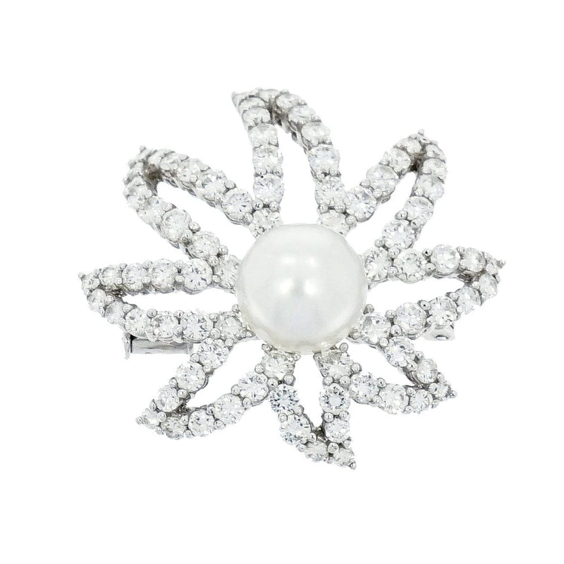 Estate Jewelry - Platinum Diamond & Cultured Pearl Floral Brooch | Manfredi Jewels