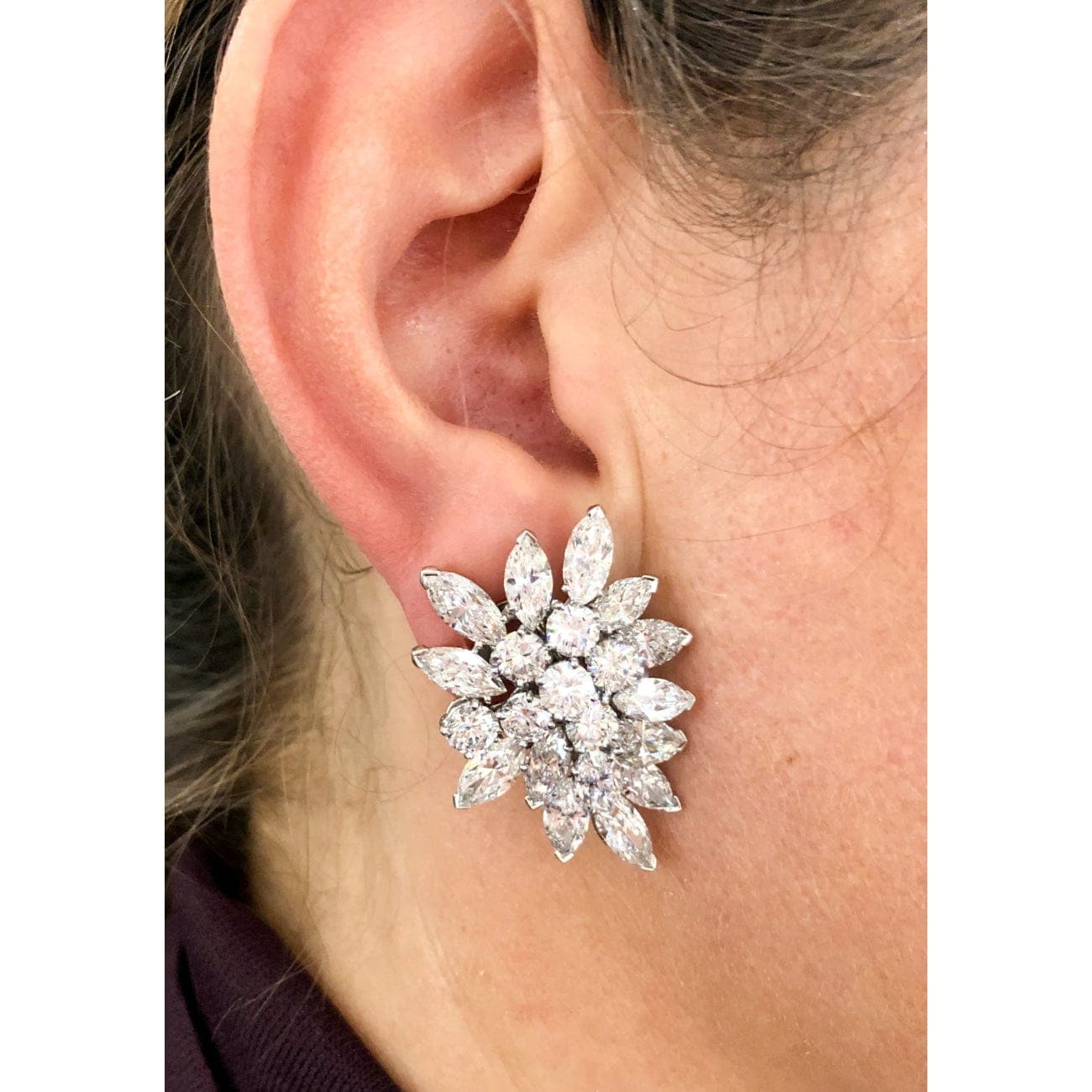 Estate Jewelry Van Cleef Arpels Platinum Diamond Cluster Clip Earrings Estate Jewelry