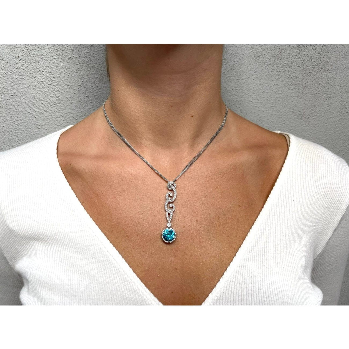 Estate Jewelry Estate Jewelry - White Gold Diamond & Blue Zircon Pendant Necklace | Manfredi Jewels