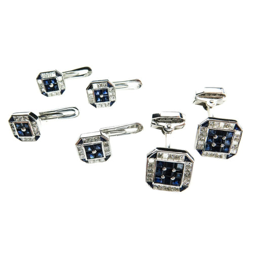 Estate Jewelry - White Gold Sapphire & Diamond Cufflinks Dress Set | Manfredi Jewels