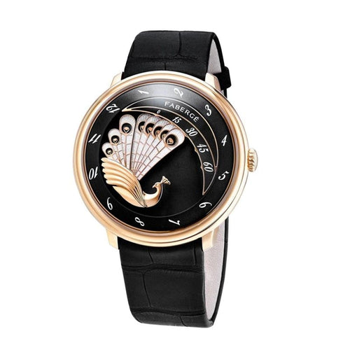 Fabergé Watches - Lady Compliquée Black 18K Rose Gold Peacock Watch Ref: 2022/4 | Manfredi Jewels