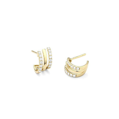 Three Row Set With Diamonds In The Outer Rows 18K Yellow Gold Earrings