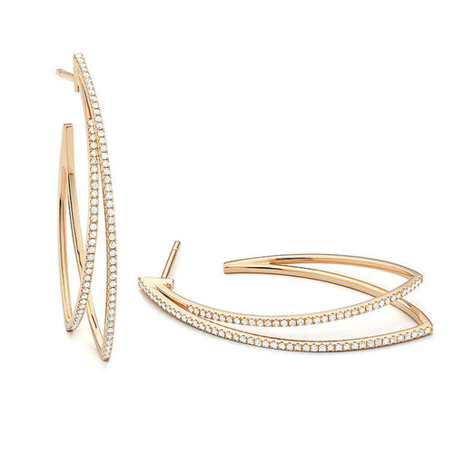 Facet Barcelona Jewelry - Trends 14K Yellow Gold Diamond Pavé Double Edge Line Hoop Earrings | Manfredi Jewels