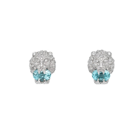 Lion Head 18K White Gold Aquamarine & Pavé Diamond Earrings