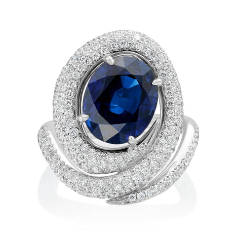 Maze 18K White Gold Pavé Diamond Oval Blue Sapphire Ring