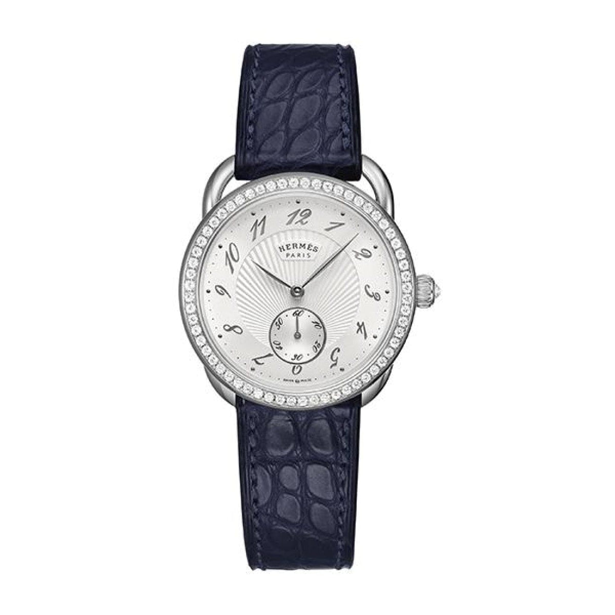 Hermès Watches - ARCEAU - ECUYERE SUNBURST OPALINE DIAMOND SET MEDIUM WATCH | Manfredi Jewels