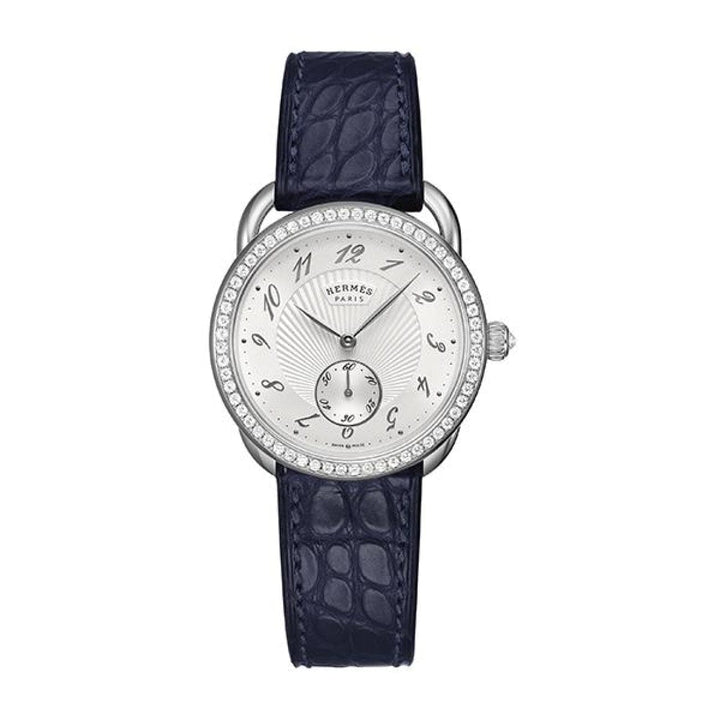 Hermès Watches - ARCEAU - ECUYERE SUNBURST OPALINE DIAMOND SET MEDIUM WATCH | Manfredi Jewels