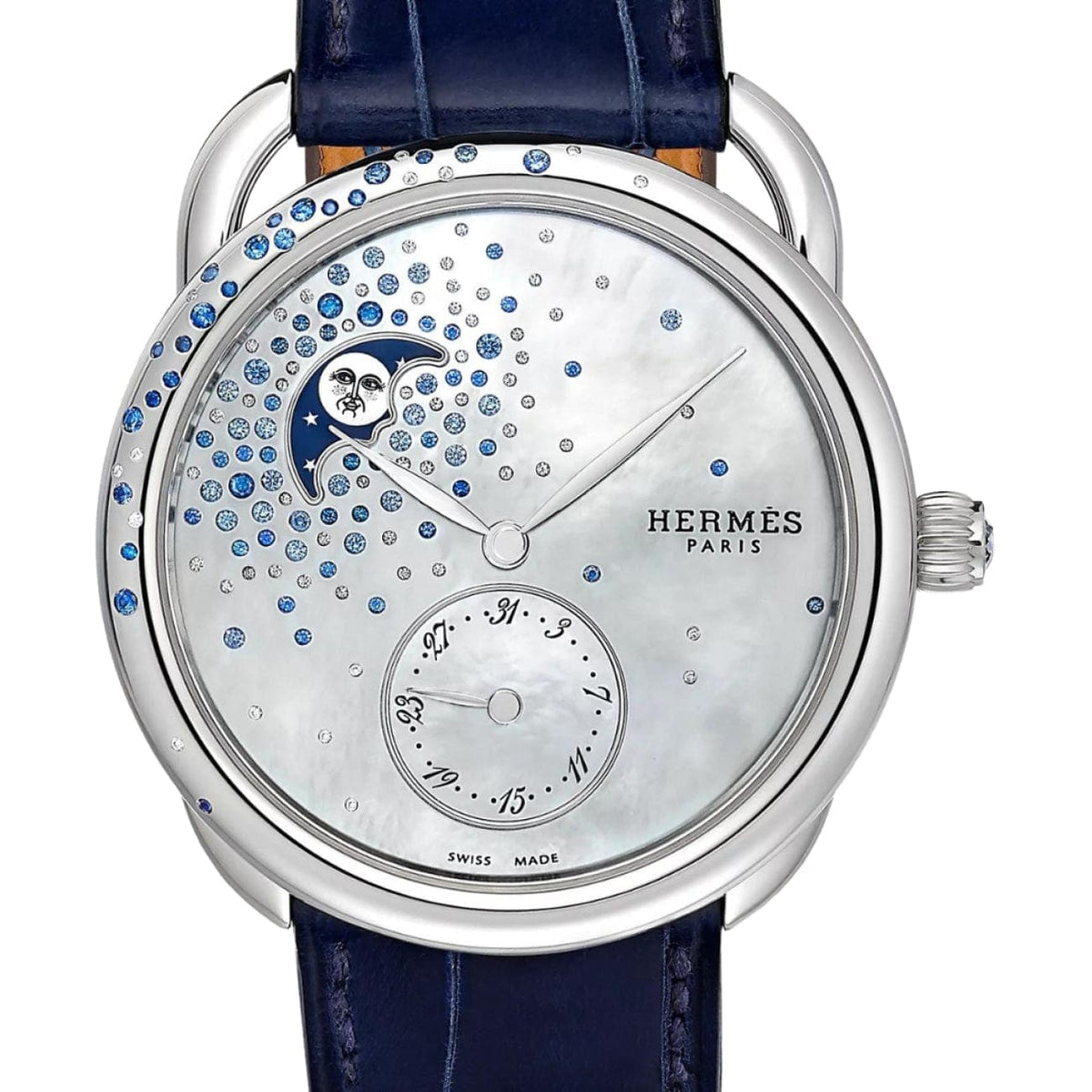 Hermès New Watches - ARCEAU - MOTHER OF PEARL MOON PHASE PETITE LUNE DIAMOND & SAPPHIRE LARGE WATCH | Manfredi Jewels