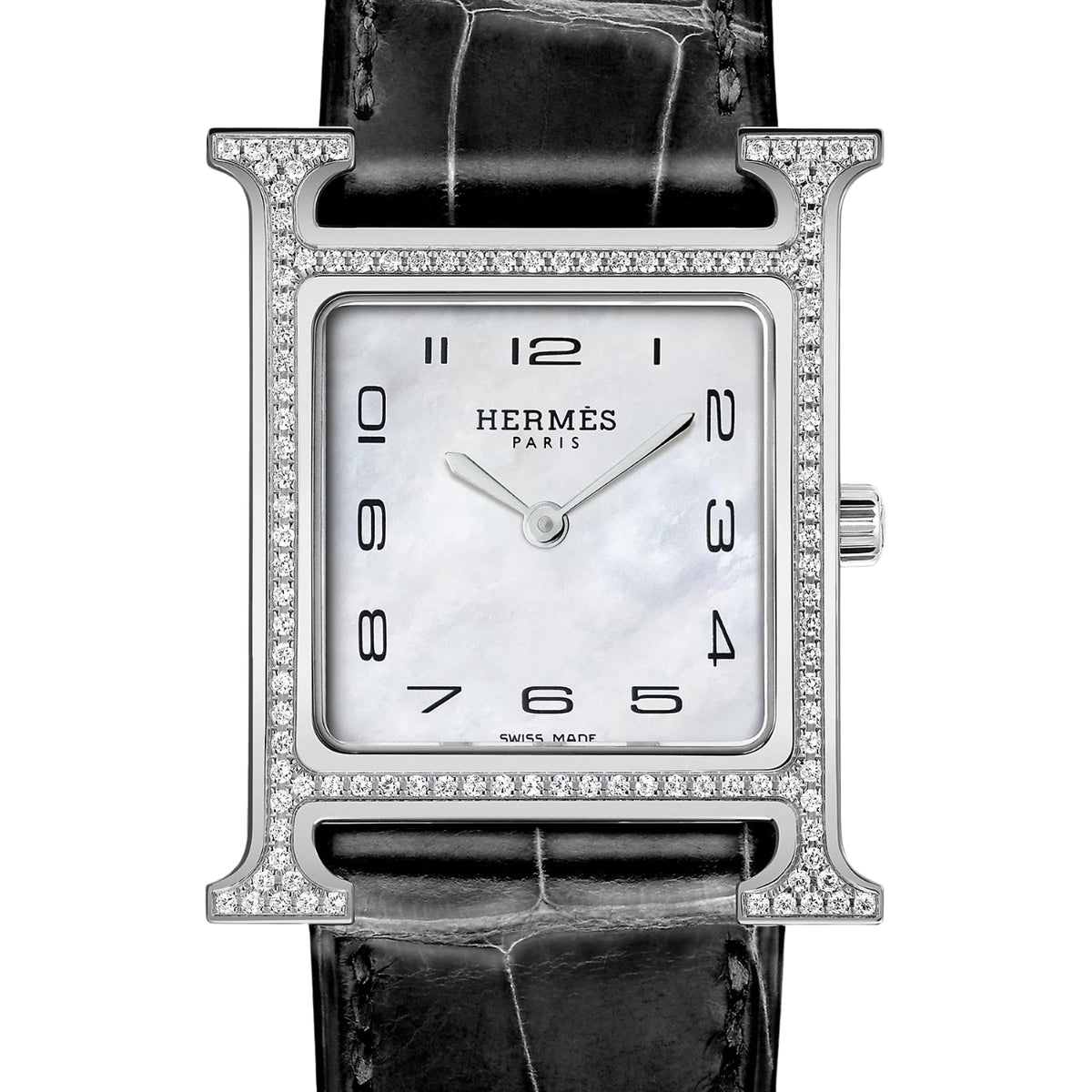 Hermès Watches - HEURE H - MOTHER OF PEARL FEATHER DIAMOND SET MEDIUM WATCH | Manfredi Jewels