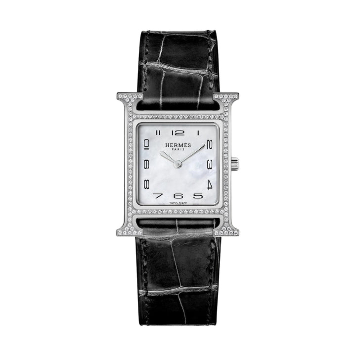 Hermès Watches - HEURE H - MOTHER OF PEARL FEATHER DIAMOND SET MEDIUM WATCH | Manfredi Jewels