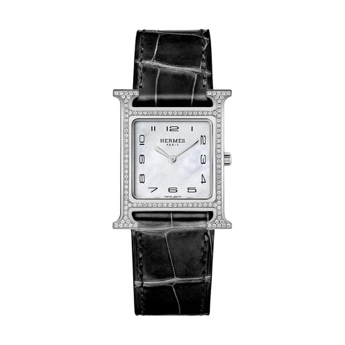Hermès Watches - HEURE H MOTHER OF PEARL FEATHER DIAMOND SET MEDIUM WATCH | Manfredi Jewels