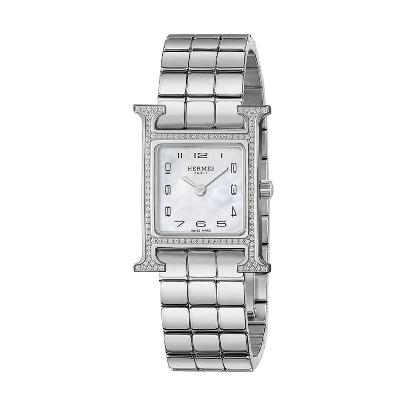 Hermès Watches - HEURE H MOTHER OF PEARL FEATHER DIAMOND SET SMALL WATCH | Manfredi Jewels