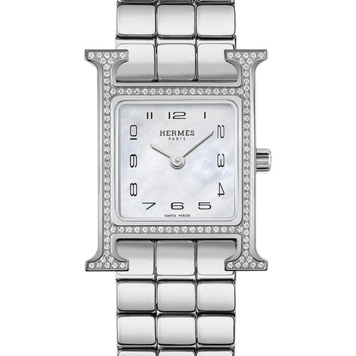 Hermès Watches - HEURE H MOTHER OF PEARL FEATHER DIAMOND SET SMALL WATCH | Manfredi Jewels