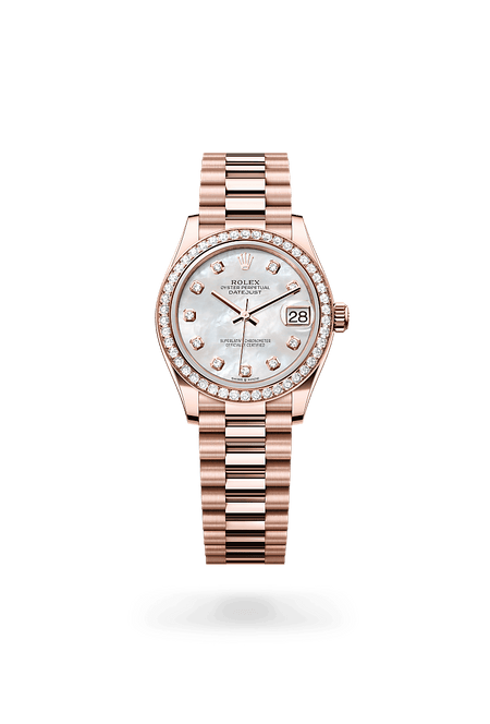 Rolex Datejust in Everose Gold and White mother-of-pearl set with diamonds Dial, M278285rbr-0005 | Manfredi Jewels