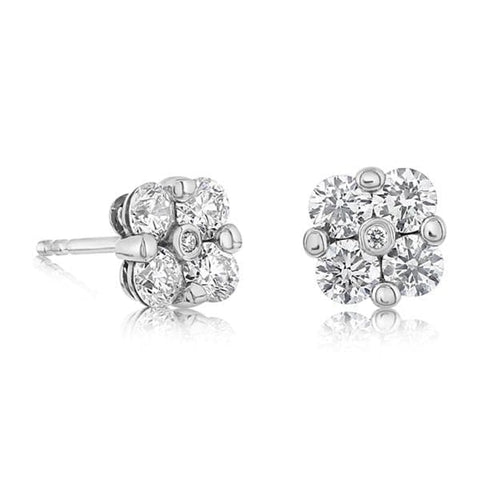 14K White Gold Diamond 0.55 ct Square Cluster Stud Earrings