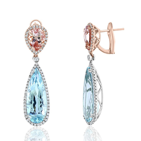 18K White & Rose Gold Aquamarine Morganite Diamond Pendant Earrings