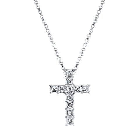 Asscher Cut Platinum 0.81 ct Diamond Cross Pendant Necklace