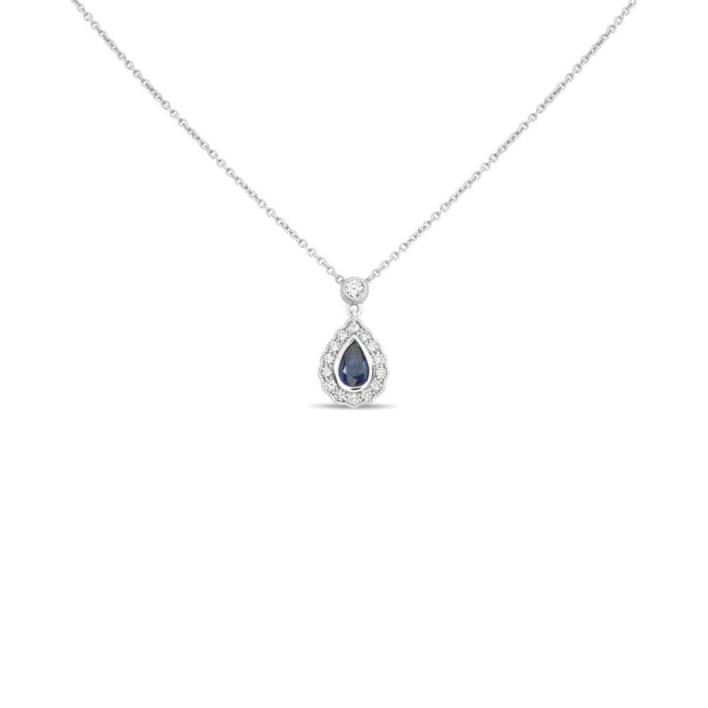 Manfredi Jewels Jewelry - Blue Pear Shaped 18Kt White Gold Sapphire Halo Pendant Necklace