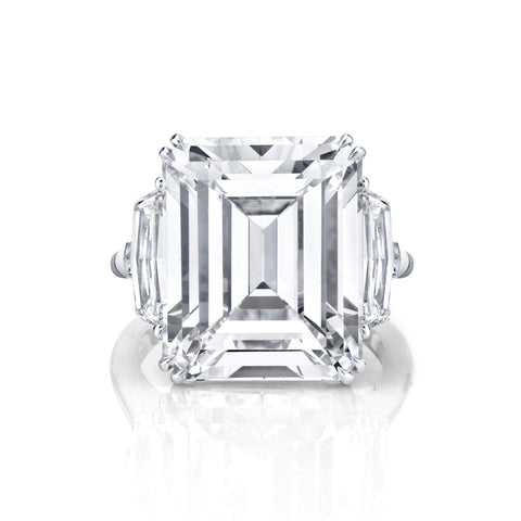 Emerald Cut 15.49 ct Platinum Three Stone Diamond Engagement Ring (Pre-Order)