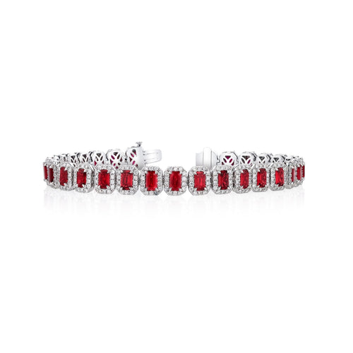 Manfredi Jewels Jewelry - Emerald Cut 18K White Gold 12.92 ct Rubies & Diamond Halo Bracelet | Manfredi Jewels
