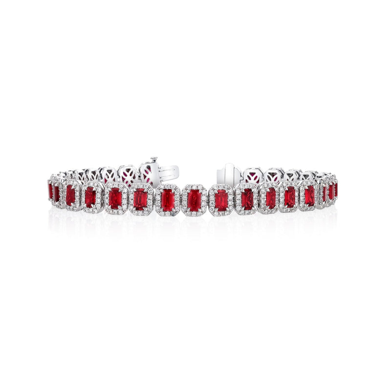 Manfredi Jewels Jewelry - Emerald Cut 18K White Gold 12.92 ct Rubies & Diamond Halo Bracelet