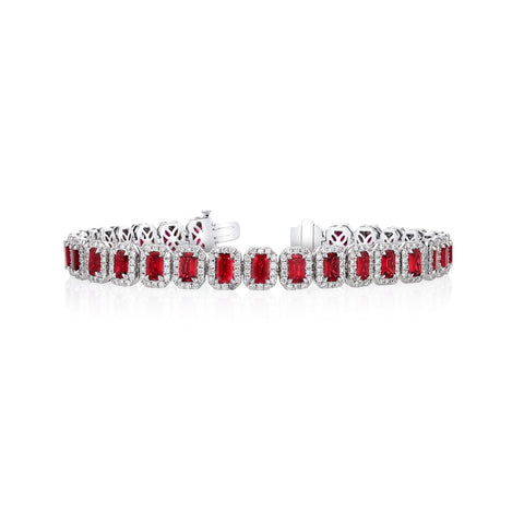 Emerald Cut 18K White Gold 12.92 ct Rubies & Diamond Halo Bracelet