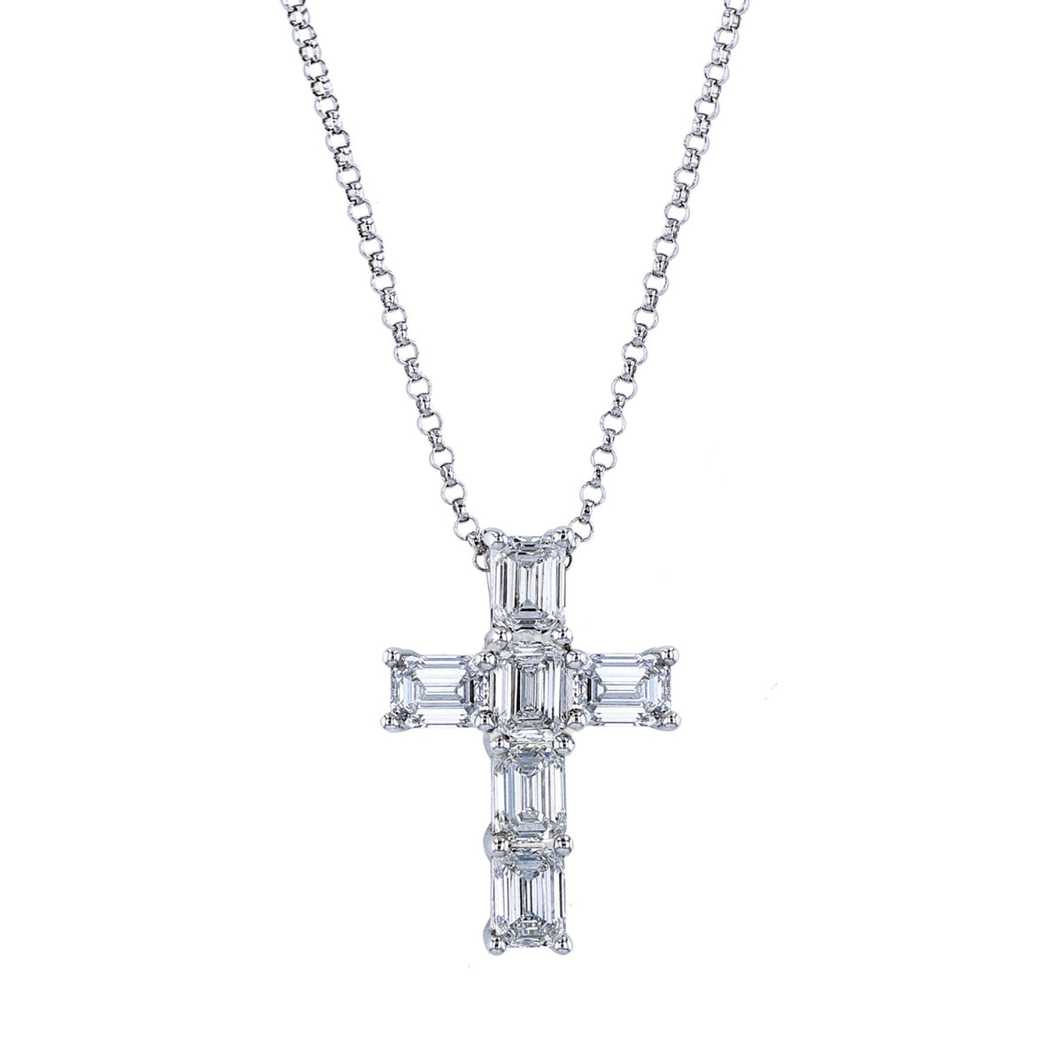 Manfredi Jewels Jewelry - Emerald Cut 18K White Gold 4.26ct Diamond Cross Pendant Necklace | Manfredi Jewels