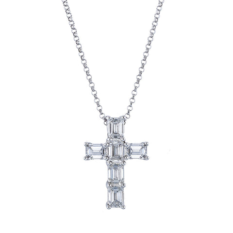 Emerald Cut Platinum 0.55 ct Diamond Cross Pendant Necklace