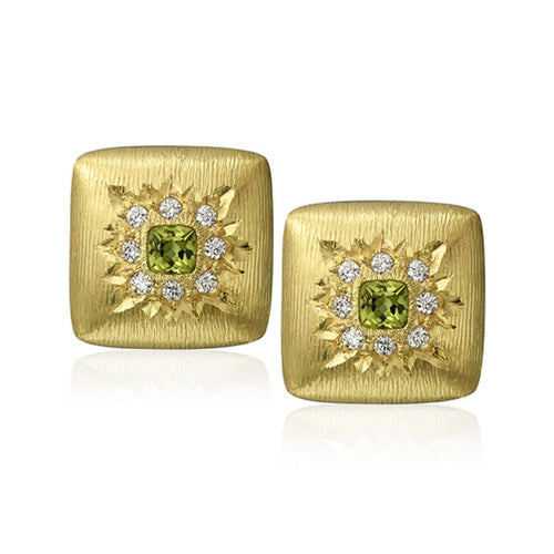 Manfredi Jewels Jewelry - Peridot And Diamond 18K Yellow Gold Florentine Finish Earrings