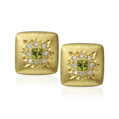 Peridot And Diamond 18K Yellow Gold Florentine Finish Earrings